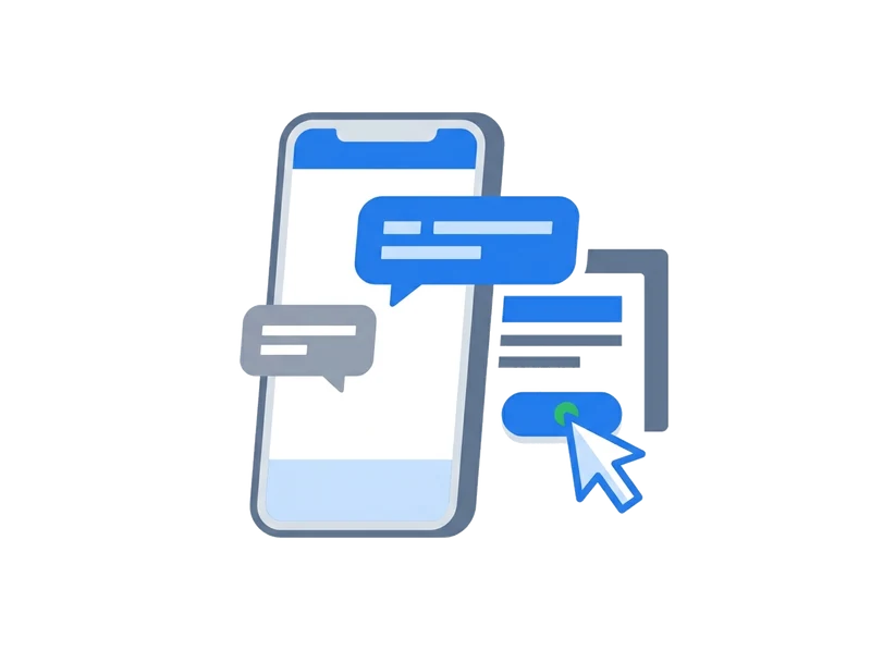 Ilustración de un celular mostrando una conversación por mensaje iniciada desde un botón del sitio web